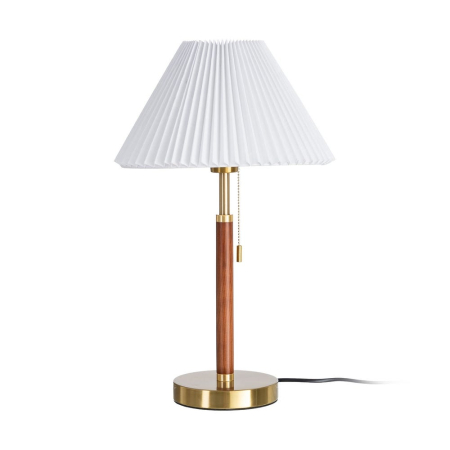 Corpuri de iluminat - Lampă de masă din lemn maro și metal auriu cu abajur alb plisat