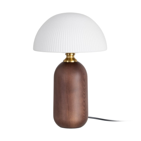 Lampă de masă din lemn maro și metal auriu cu abajur din sticlă albă