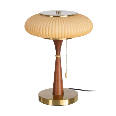 Corpuri de iluminat - Lampă de masă din lemn maro și metal auriu cu abajur din sticlă ondulată bej