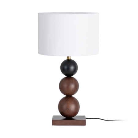 Lampă de masă din lemn maro și metal cu bază geometrică și abajur alb