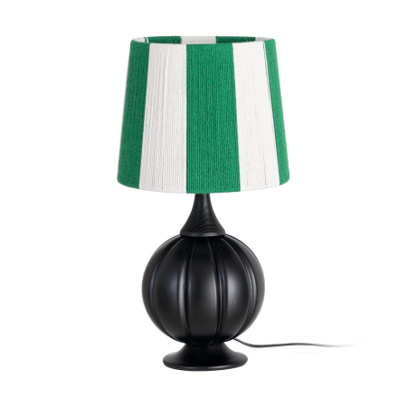 Lampă de masă din lemn negru cu bază sculptată și abajur alb și verde