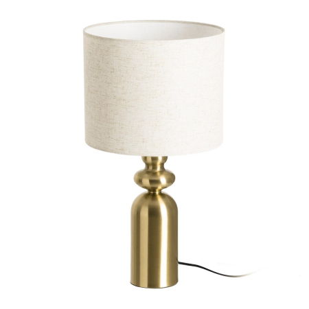 Iluminat in Stil Glam - Lampă de masă din metal auriu cu bază decorativă cilindrică și abajur din in crem