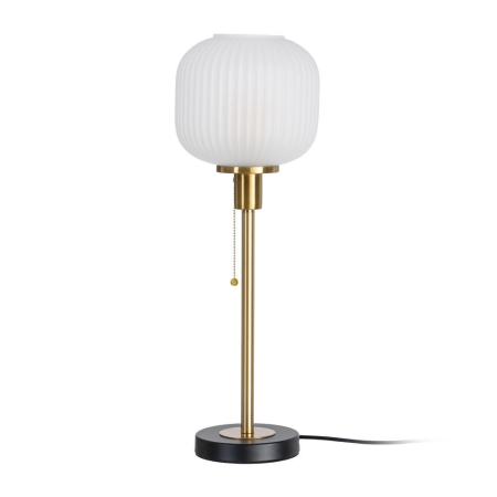 Corpuri de iluminat - Lampă de masă din metal auriu cu bază neagră și abajur din sticlă albă striată