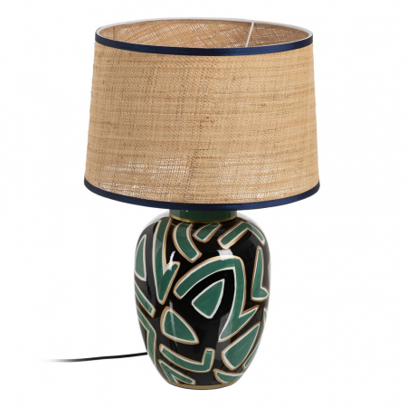 Veioze, Lampi de Birou - Lampa portelan negru-verde cu abajur din fibra naturala|Lampi elegante pentru decoruri sofisticate