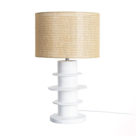 Veioze, Lampi de Birou - Lampă de masă din rășină albă cu discuri decorative și abajur din ratan