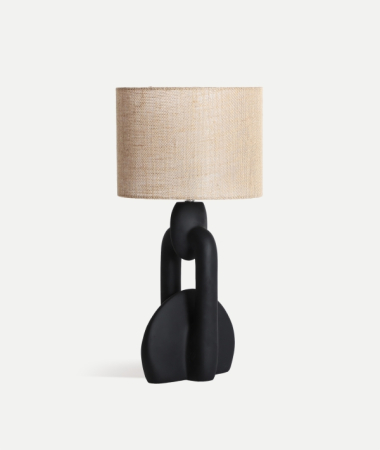 Veioze, Lampi de Birou - Lampă de masă din rășină neagră cu abajur din rafie bej – lampă sculpturală modernă