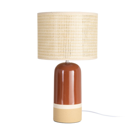 Veioze, Lampi de Birou - Lampă de masă înaltă din ceramică teracotă cu abajur tip ratan