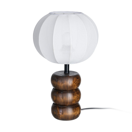 Lampă de masă maro cu bază din lemn și abajur din bumbac