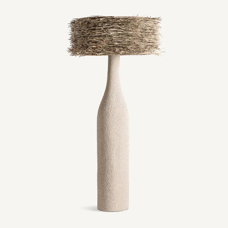 Stil de design - Lampadar înalt cu picior granulat în formă de sticlă și abajur din fire uscate de iarbă