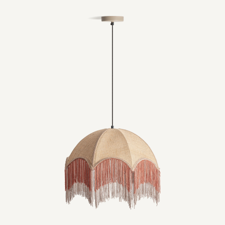Lustre, Lampi suspendate - Lampă suspendată cu abajur tip umbrelă din iută bej și franjuri portocalii
