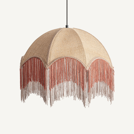 Lustre, Lampi suspendate - Lampă suspendată cu abajur tip umbrelă din iută bej și franjuri portocalii