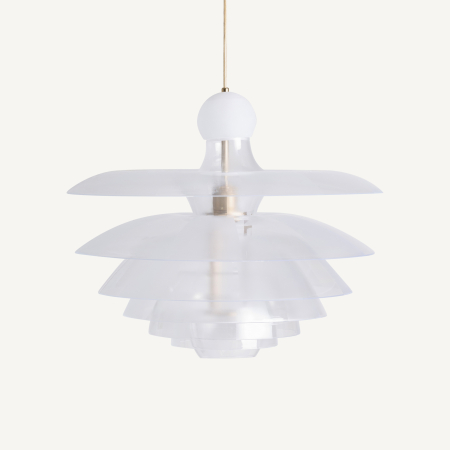 Lustre, Lampi suspendate - Lampa suspendată cu discuri suprapuse din acrilic alb translucid și detalii aurii.