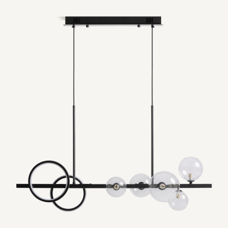 Lustre, Lampi suspendate - Lampa suspendată cu structură liniară din metal negru și globuri din cristal fumuriu.