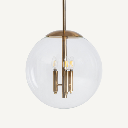 Lustre, Lampi suspendate - Glob de cristal transparent cu trei coloane aurii, becuri cu filament și calotă aurie sus