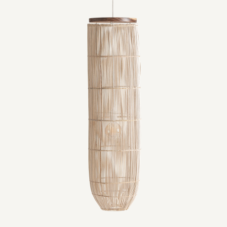 Stil de design - Lampă suspendată cilindrică din vergele de ratan natural, cu inele fine și disc de suar