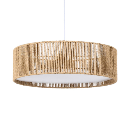 Lustre, Lampi suspendate - Lampa suspendata din sfoara de hartie naturala cu tambur impletit si difuzor opal – silueta plata