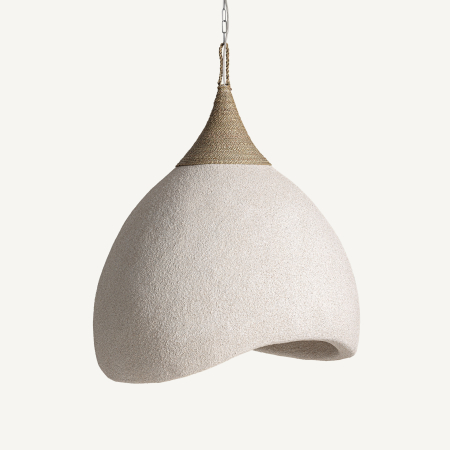 Stil de design - Lampă suspendată mare din rășină crem rugoasă cu margine pliată și vârf conic din iută