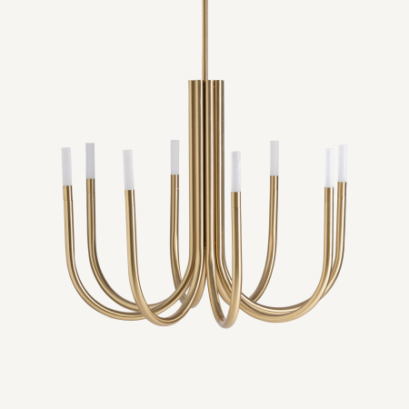 Lustre, Lampi suspendate - Lampa suspendată tip candelabru cu brațe curbate din metal auriu și cristal alb.