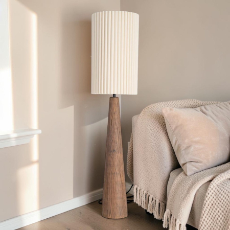 Lampa de podea, Lampadare - Lampadar cu bază conică din rășină cu aspect lemn și abajur plisat