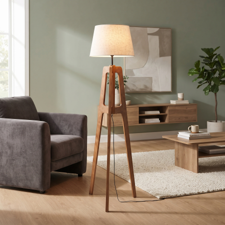 Lampa de podea, Lampadare - Lampadar din lemn cu abajur din in bej pe structură trepied – imagine principală cu trepied aerat și abajur textil bej
