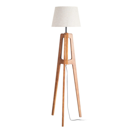 Colectia noua - Lampadar din lemn cu abajur din in bej pe structură trepied – imagine principală cu trepied aerat și abajur textil bej