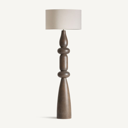 Stil de design - Lampadar din lemn de mango cu coloană sculptată în forme rotunjite și abajur amplu bej