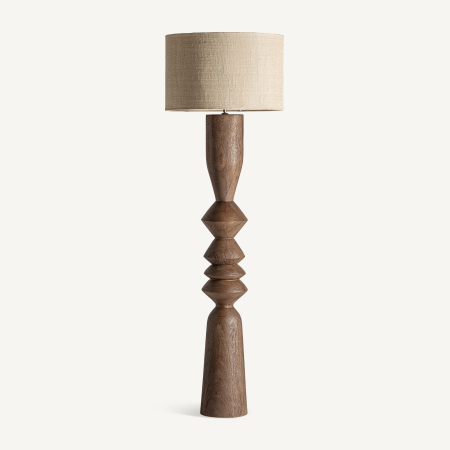 Stil de design - Lampadar înalt cu coloană de mango sculptată în romburi suprapuse și abajur din iută