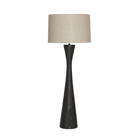 Colectia noua - Lampadar din lemn de mango negru mat cu profil conic și abajur cilindric din in bej