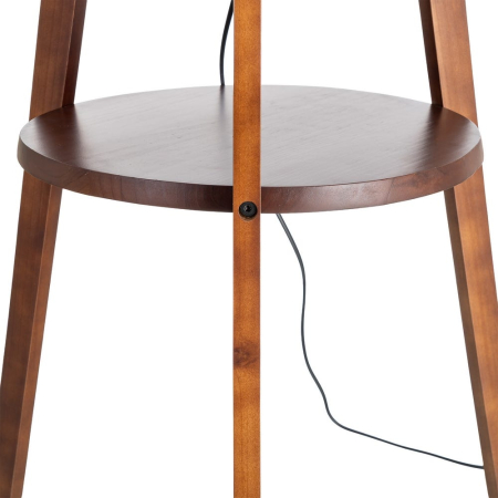 Lampadar din lemn maro cu abajur din in bej pe structură trepied cu raft integrat – imagine principală cu raft rotund și abajur bej [3]