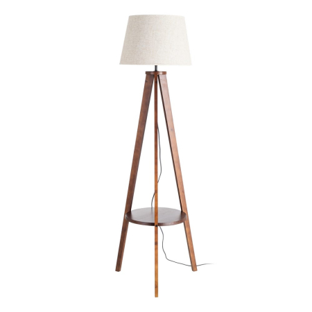 Lampa de podea, Lampadare - Lampadar din lemn maro cu abajur din in bej pe structură trepied cu raft integrat – imagine principală cu raft rotund și abajur bej