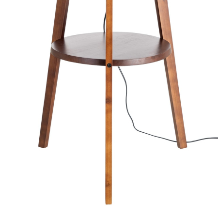 Lampadar din lemn maro cu abajur din in bej pe structură trepied cu raft integrat – imagine principală cu raft rotund și abajur bej [4]