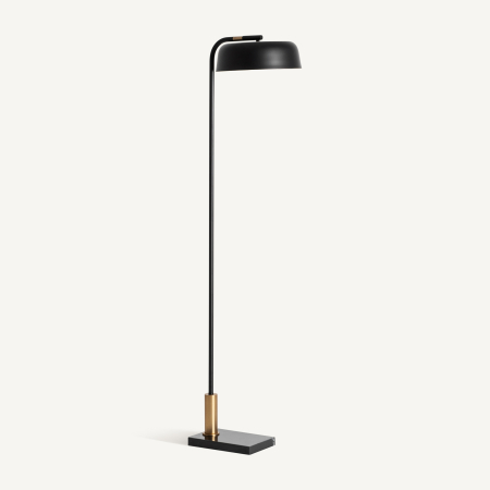 Stil de design - Lampadar cu bază dreptunghiulară din marmură neagră, manșon auriu și abajur negru bombat