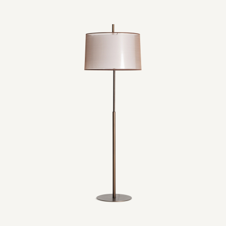 Stil de design - Lampadar cu abajur dublu cilindric, voal bronz peste alb, tijă subțire și bază rotundă plată