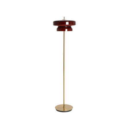 Colectia noua - Lampadar cu abajur plat din sticlă grena și tijă subțire din metal auriu, pe bază rotundă