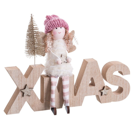 Obiecte decorative - Litere XMAS din lemn natural cu păpușă înger în căciulă roz tricotată aripi aurii și brăduț auriu