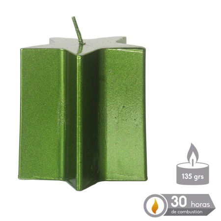 Craciun - Lumânare mică în formă de stea verde metalizată cu vârfuri late pentru masa de Crăciun