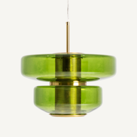 Lustre, Lampi suspendate - Lustră cu două straturi de cristal verde translucid în jurul unui cilindru auriu găurit