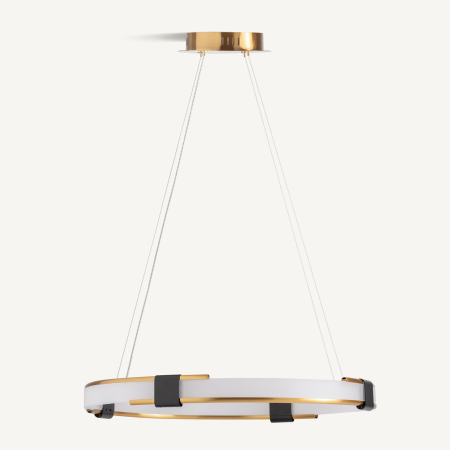 Lustre, Lampi suspendate - Lustra suspendată circulară cu iluminare LED integrată din cristal alb și structură metalică cupru.