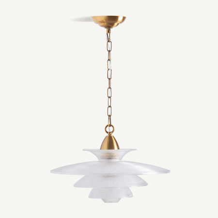 Corpuri de iluminat - Lustra suspendată cu ecrane suprapuse din cristal texturizat alb și structură metalică cu finisaj cupru.