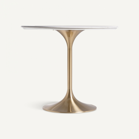 Mese Bar - Masă bar rotundă porțelan alb mat și oțel auriu, design sculptural glam.