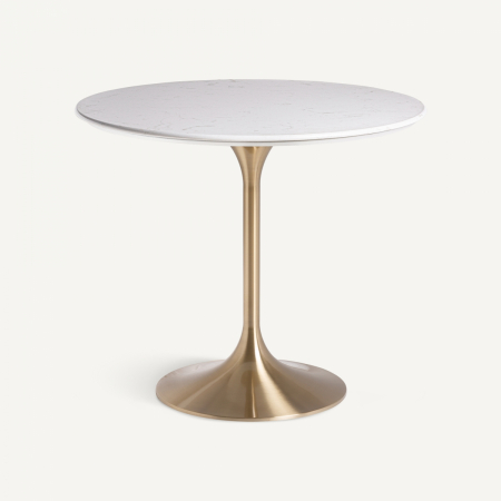 Masă bar rotundă porțelan alb mat și oțel auriu, design sculptural glam. [1]