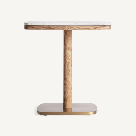 Mobilier - Masă cu blat pătrat de terrazzo alb, picior rotund din stejar și bază aurie satinată