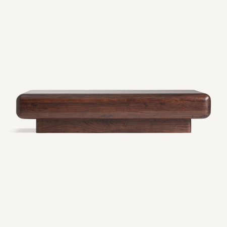 Stil de design - Masă joasă din lemn de acacia maro închis cu blat gros rotunjit pe un soclu retras