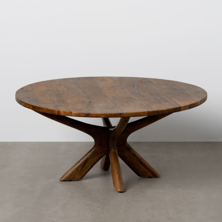 Mese - Masă de cafea din lemn de mango rotundă în stil organic modern cu blat generos și bază sculpturală pentru livinguri contemporane.