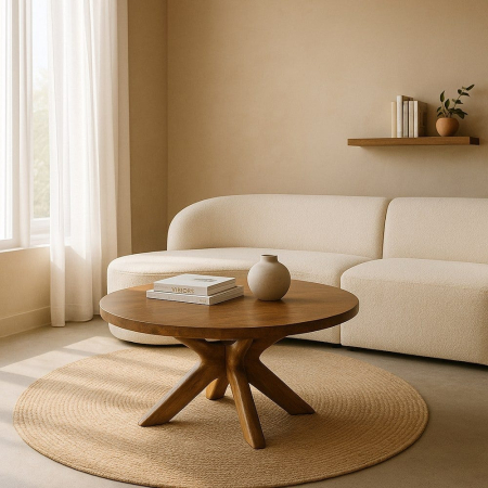 Masă de cafea din lemn de mango rotundă în stil organic modern cu blat generos și bază sculpturală pentru livinguri contemporane. [1]
