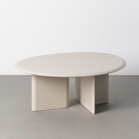 Minimalist - Masă de cafea mare din MDF lăcuit bej-grej cu blat în formă de pietricică și două picioare-panou
