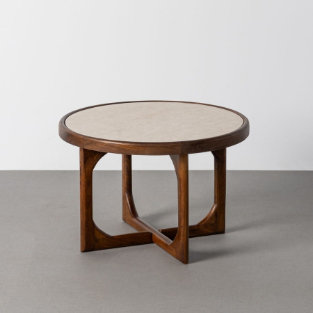 Stil de design - Masa de cafea rotunda cu blat de marmura bej si baza din lemn de mango in forma de cruce