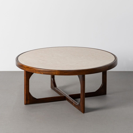 Stil de design - Masa de cafea rotunda mare cu blat de marmura bej si baza din lemn de mango in forma de cruce