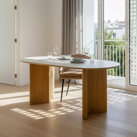 Colectia noua - Masă de dining albă blat ceramic marmură, picioare MDF