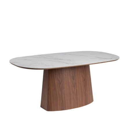 Masă de dining albă picior central MDF maro, blat ceramic [1]